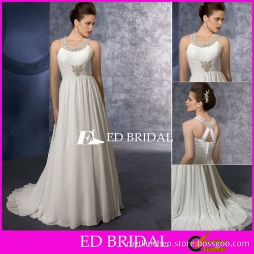 2012 New Model Wedding Dress Scoop Neckline Beaded Ruched Beach Empire Waist Chiffon Bridal Gowns with Cross Back